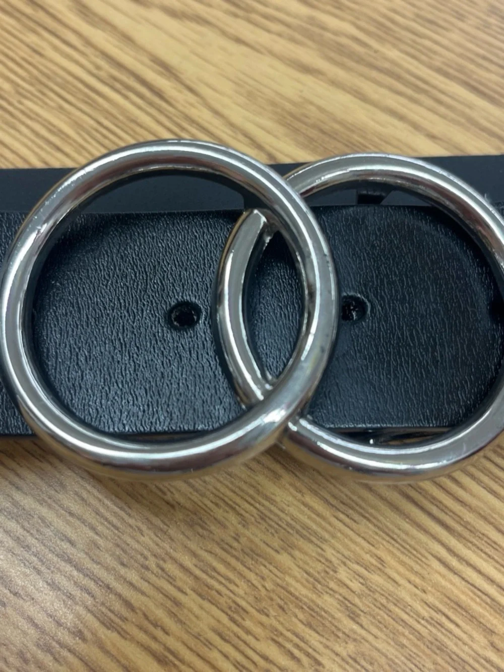Women's Black Leather Belt with Silver Double Circle Buckle